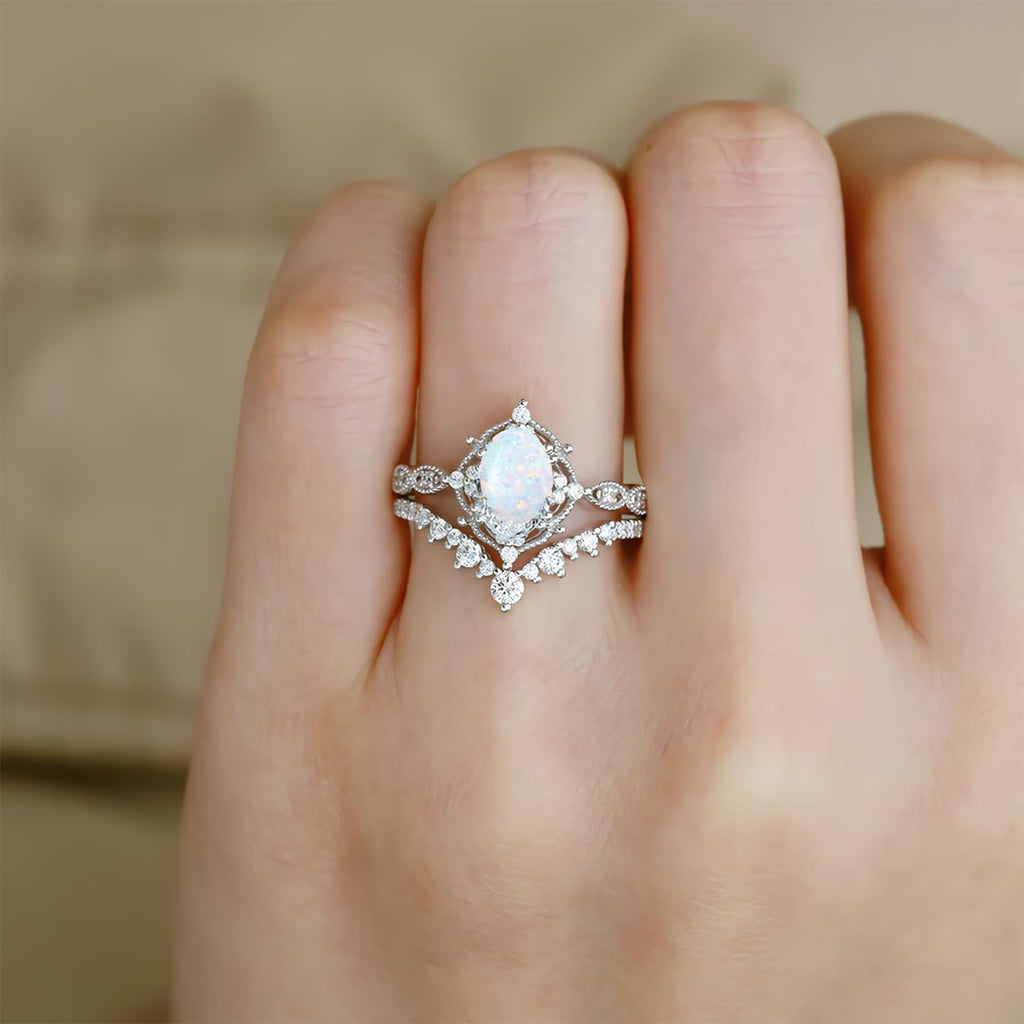 1.5ct Oval Opal Engagement Ring Set 925 Sterling Silver Vintage Band