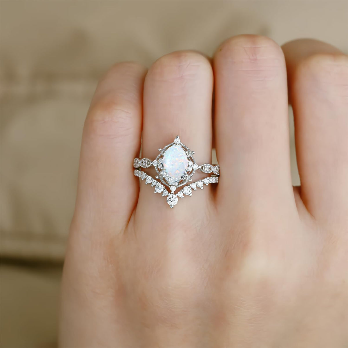 1.5ct Oval Opal Engagement Ring Set 925 Sterling Silver Vintage Band