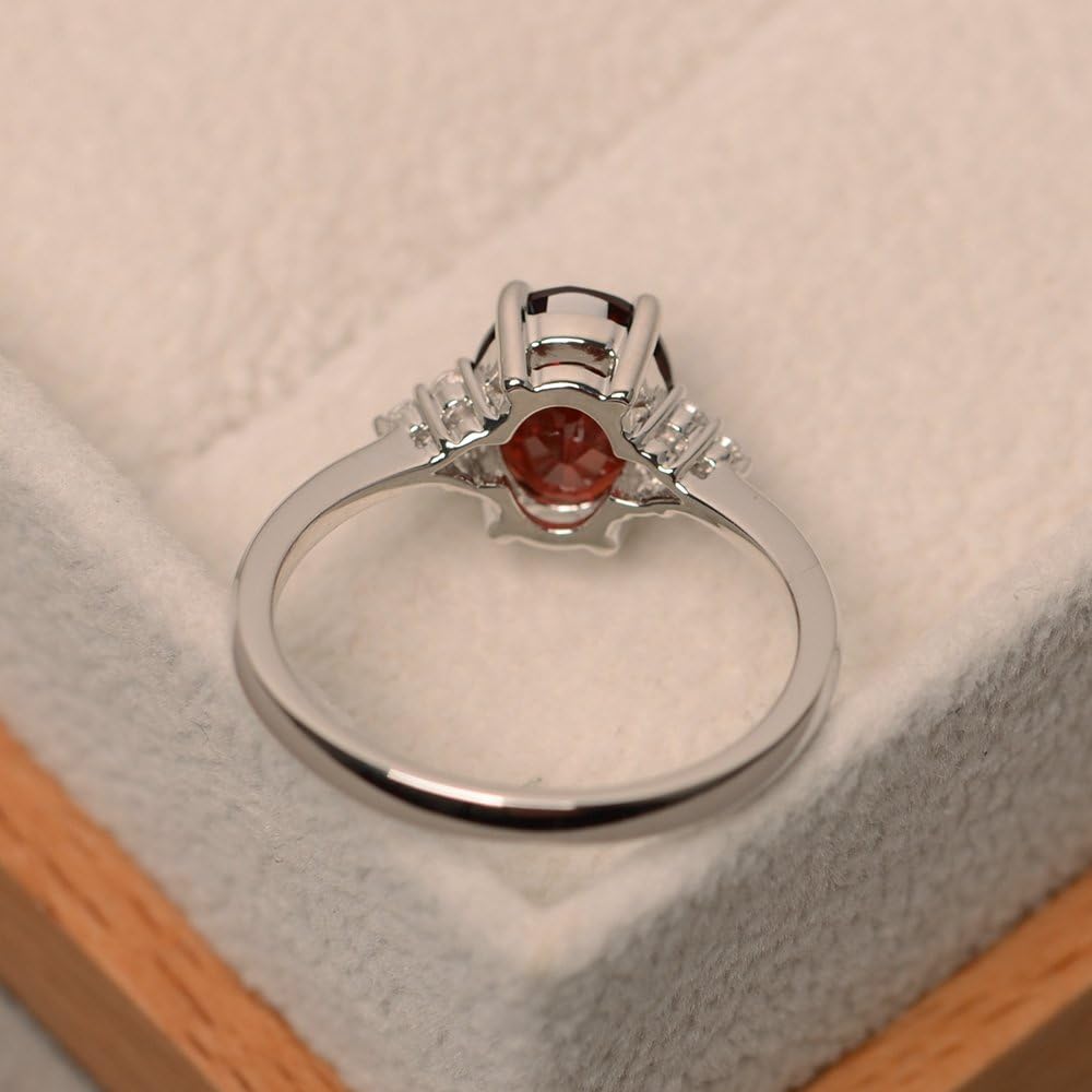 Garnet 925 Sterling Silver 9x7mm Oval Shaped Birthstone Gemstone Rings for Women, Engagement Ring Birthstone Jewelry Wedding Promise for Lady Size 3-13