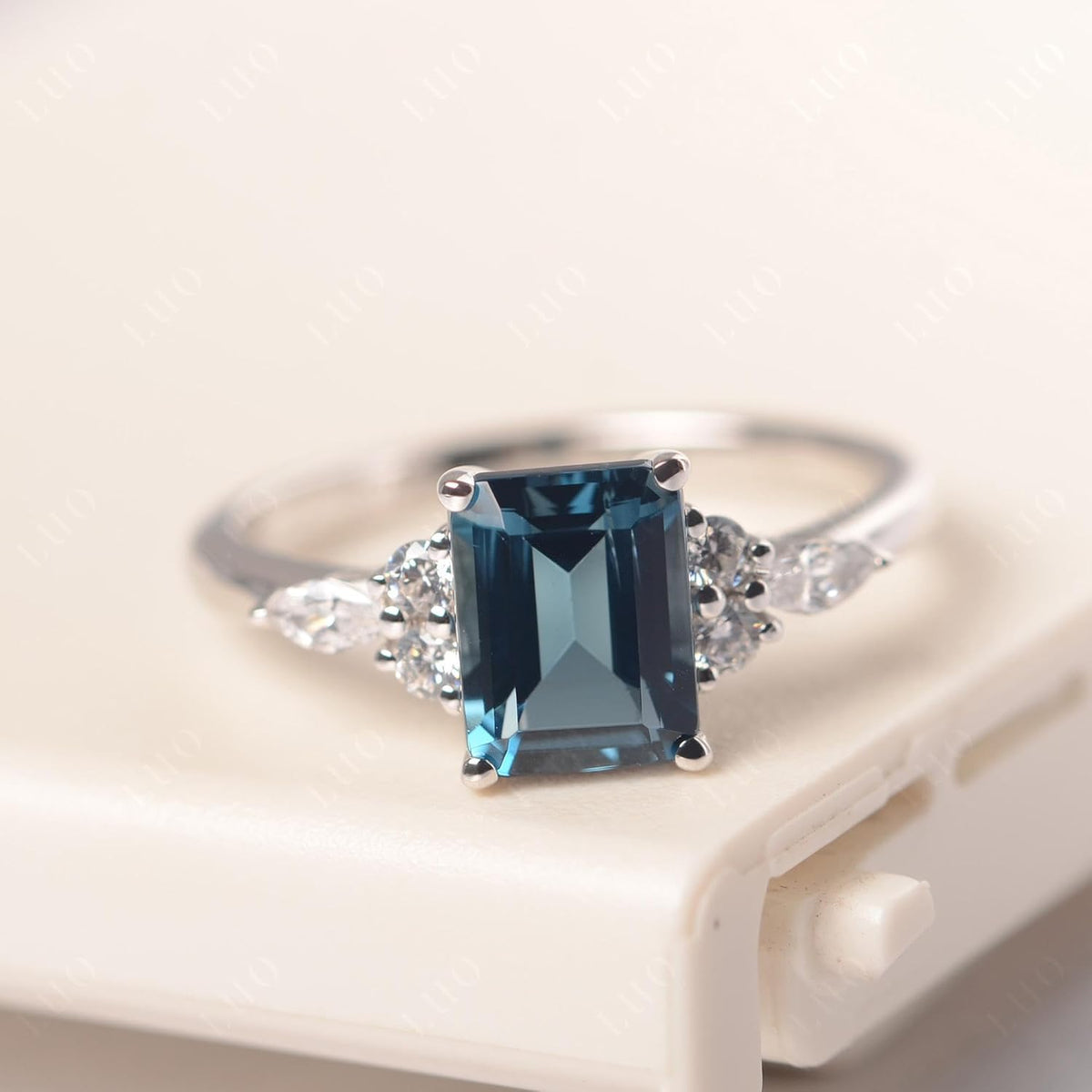 Topgemco Emerald-Cut London Blue Topaz Engagement Ring – Halo Sterling Silver December Birthstone Ring