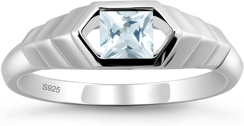 Aquamarine Princess Cut Solitaire Engagement Ring 5x5mm 925 Sterling Silver Unisex Half Bezel Setting Minimalist Geometric Design Anniversary Wedding Promise Ring Size 3-13
