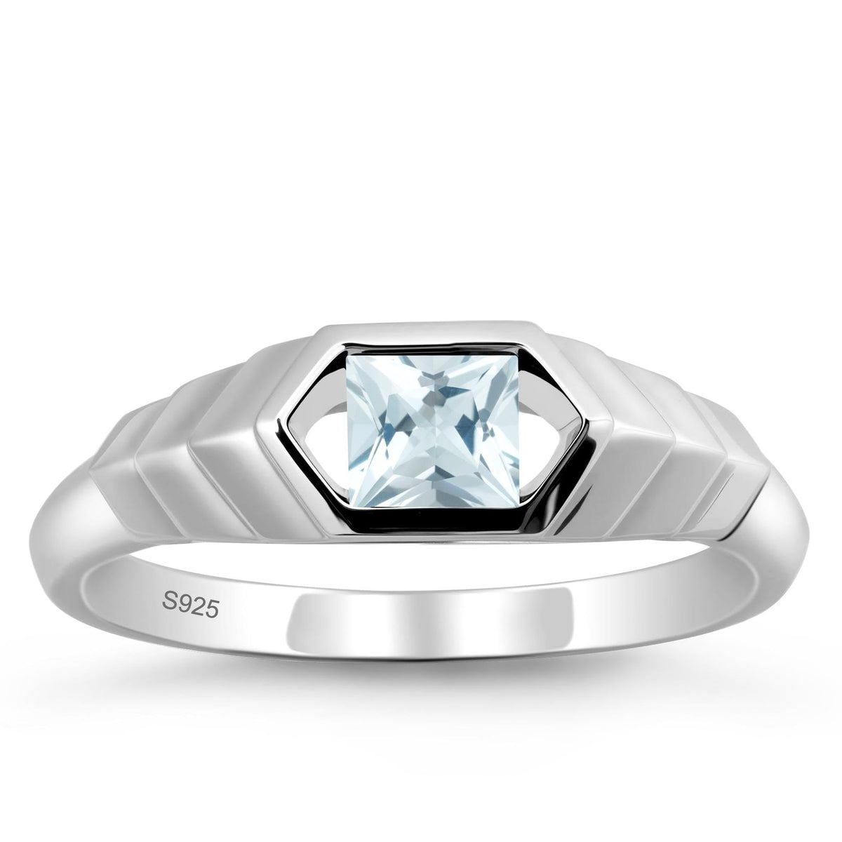 Aquamarine Princess Cut Solitaire Engagement Ring 5x5mm 925 Sterling Silver Unisex Half Bezel Setting Minimalist Geometric Design Anniversary Wedding Promise Ring Size 3-13