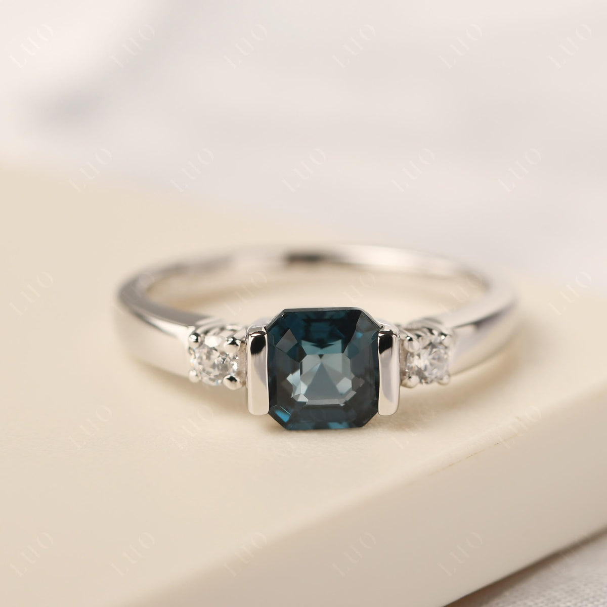 Topgemco Half Bezel London Blue Topaz Promise Ring – Asscher Cut Sterling Silver December Birthstone Ring
