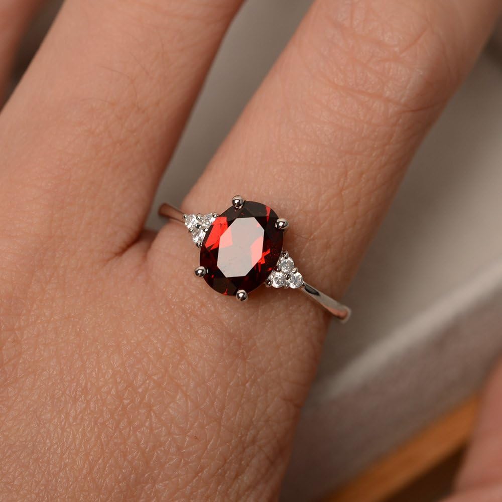 Garnet 925 Sterling Silver 9x7mm Oval Shaped Birthstone Gemstone Rings for Women, Engagement Ring Birthstone Jewelry Wedding Promise for Lady Size 3-13