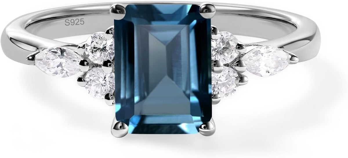 Topgemco Emerald-Cut London Blue Topaz Engagement Ring – Halo Sterling Silver December Birthstone Ring