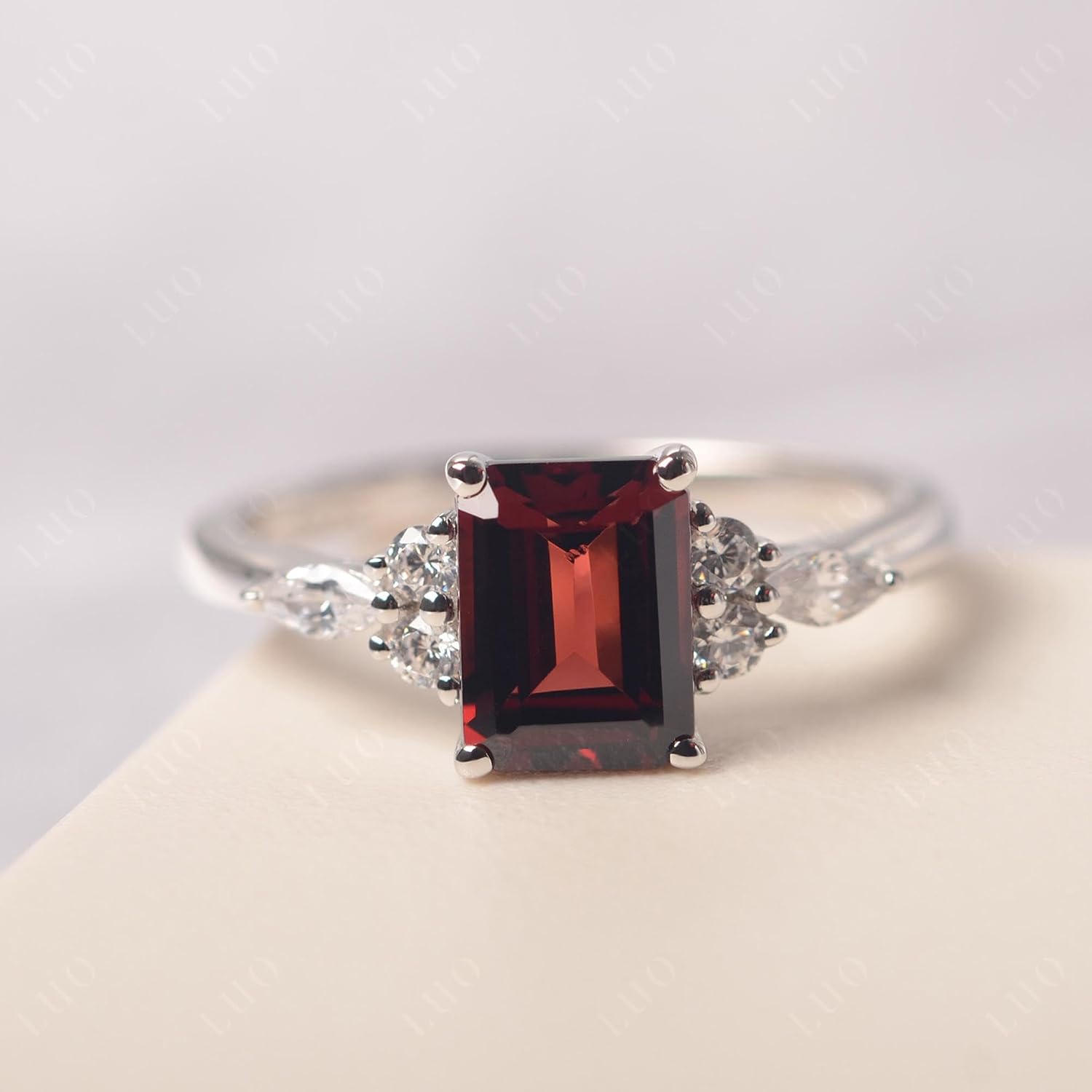Garnet Engagement Ring for Women, 6x8mm Emerald Cut Baguette Shaped Blue December Birthstone Ring Size 3 to13, Sterling Silver Wedding Rings for Birthstone Anniversary Christmas