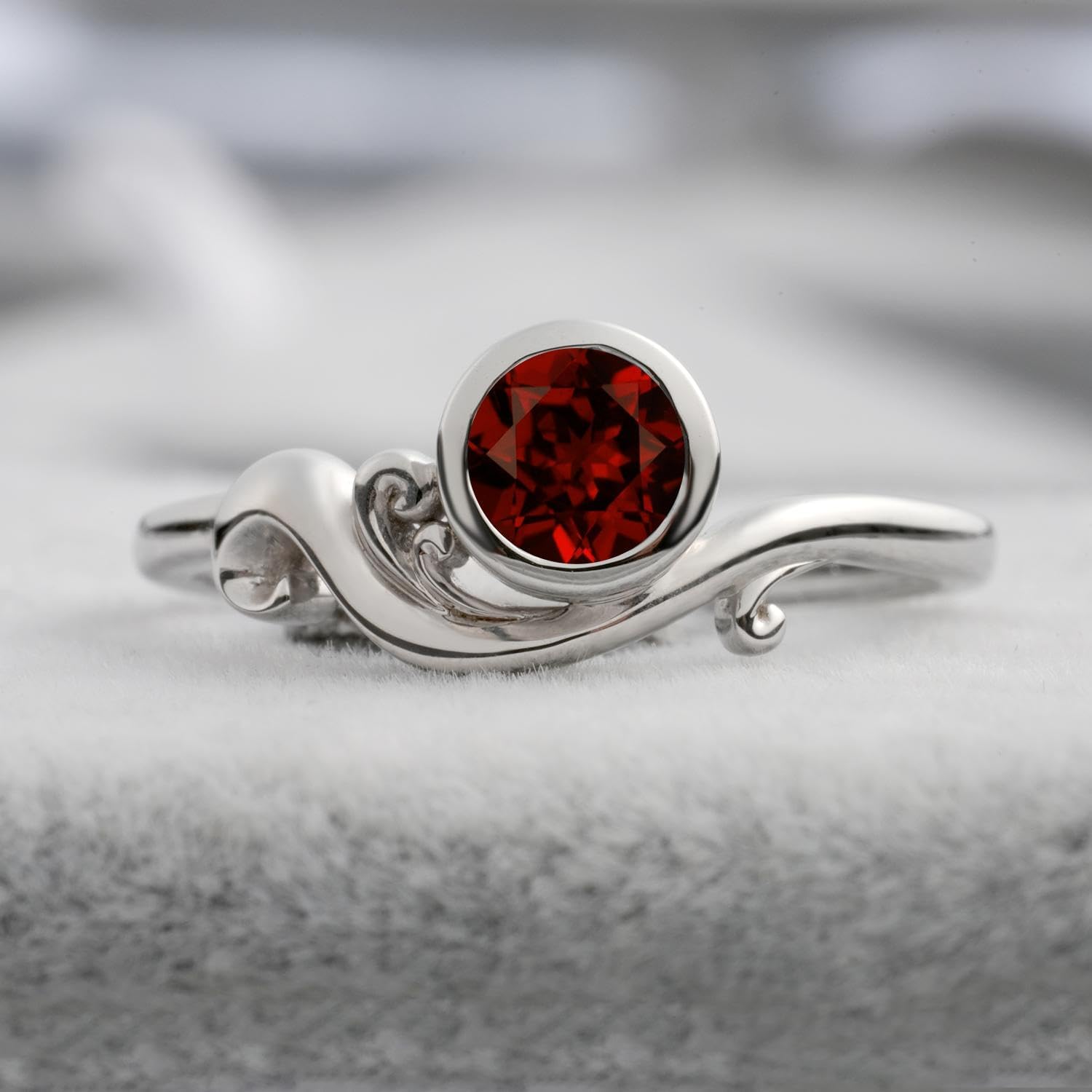 S925 Sterling Silver Round Shaped 5X5 MM Gemstone Bezel Setting Garnet Ring Ocean Wave Design Engagement Ring, Anniversary Wedding Promise Ring for Women Size 3-13