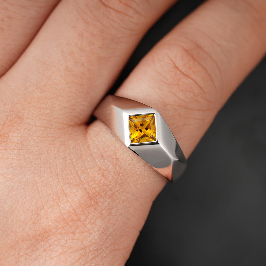 Topgemco Men's Citrine Statement Ring – Princess Cut Slanted Band, Sterling Silver or Gold, Custom Engraving