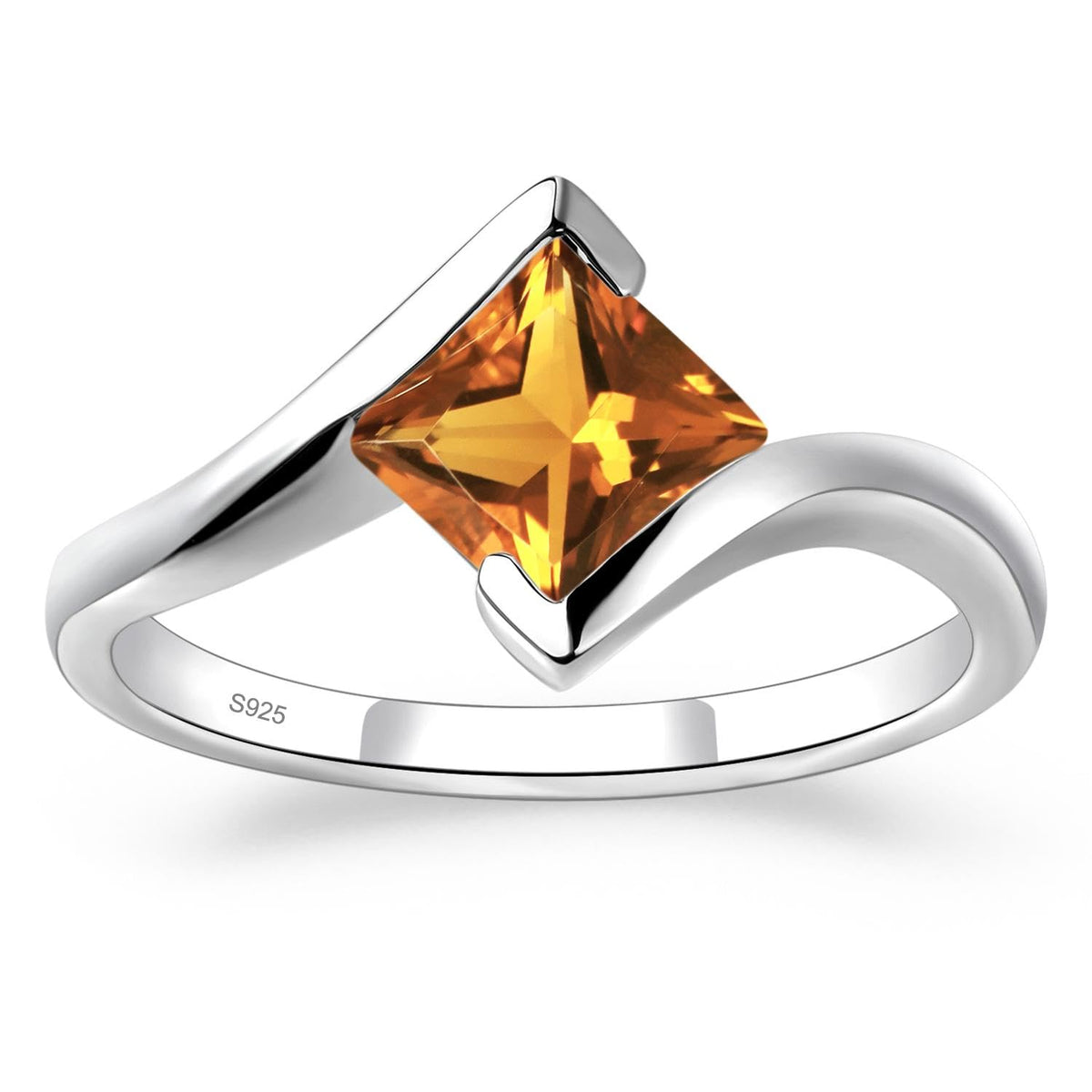 Topgemco Princess-Cut Citrine Tension Ring – Bezel Set Sterling Silver November Birthstone Ring