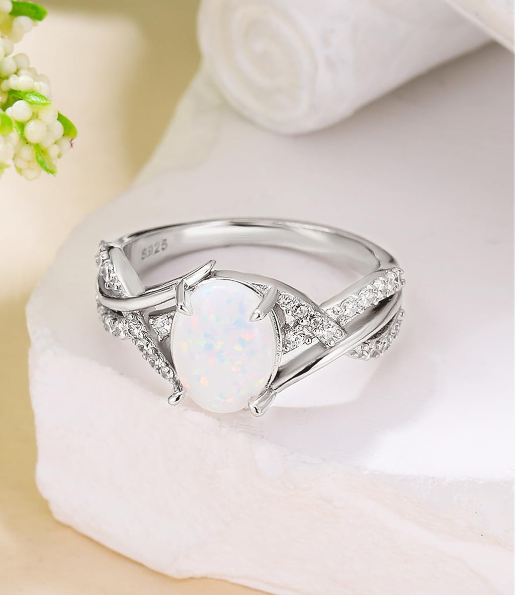 White Opal Oval Engagement Ring 925 Sterling Silver - October Birthstone