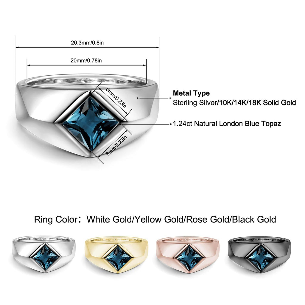Topgemco Men's London Blue Topaz Statement Ring – Princess Cut Slanted Band, Sterling Silver or Gold, Custom Engraving