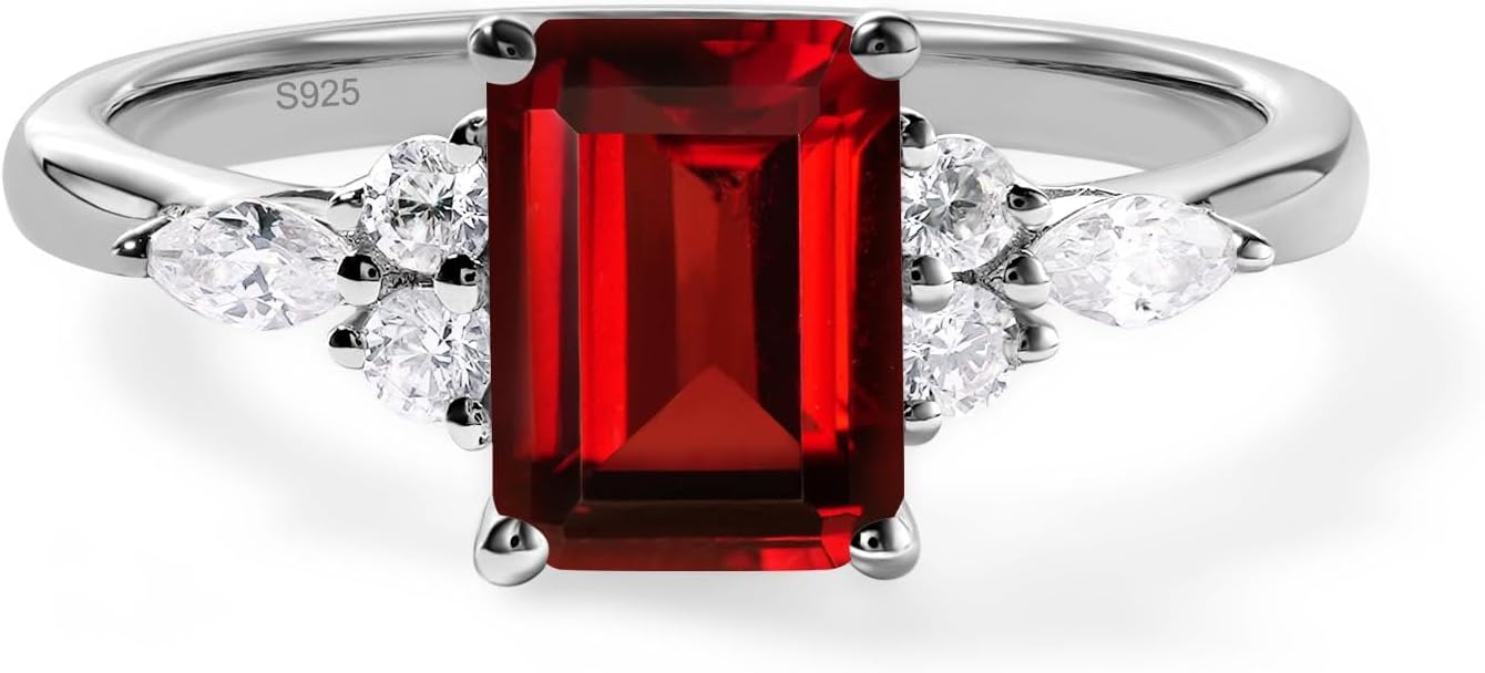 Garnet Engagement Ring for Women, 6x8mm Emerald Cut Baguette Shaped Blue December Birthstone Ring Size 3 to13, Sterling Silver Wedding Rings for Birthstone Anniversary Christmas