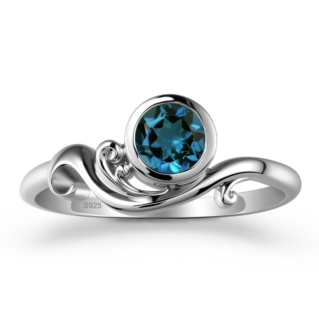 Topgemco Ocean Wave London Blue Topaz Ring – Bezel Set Round Sterling Silver December Birthstone Ring