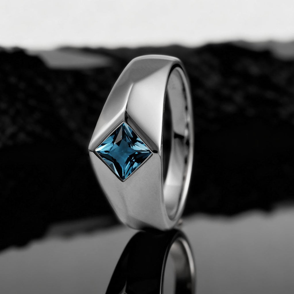 Topgemco Men's London Blue Topaz Statement Ring – Princess Cut Slanted Band, Sterling Silver or Gold, Custom Engraving
