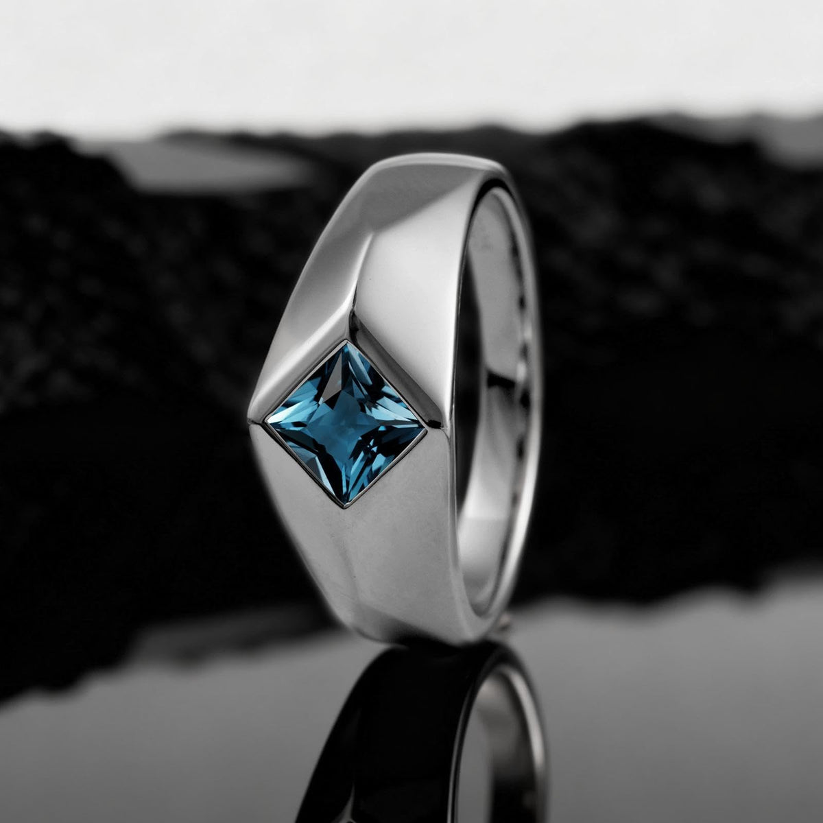 Topgemco Men's London Blue Topaz Statement Ring – Princess Cut Slanted Band, Sterling Silver or Gold, Custom Engraving