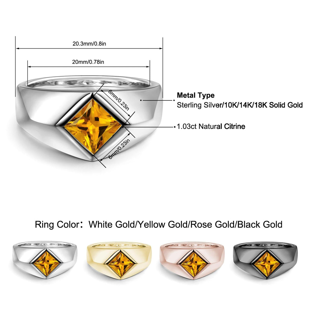 Topgemco Men's Citrine Statement Ring – Princess Cut Slanted Band, Sterling Silver or Gold, Custom Engraving