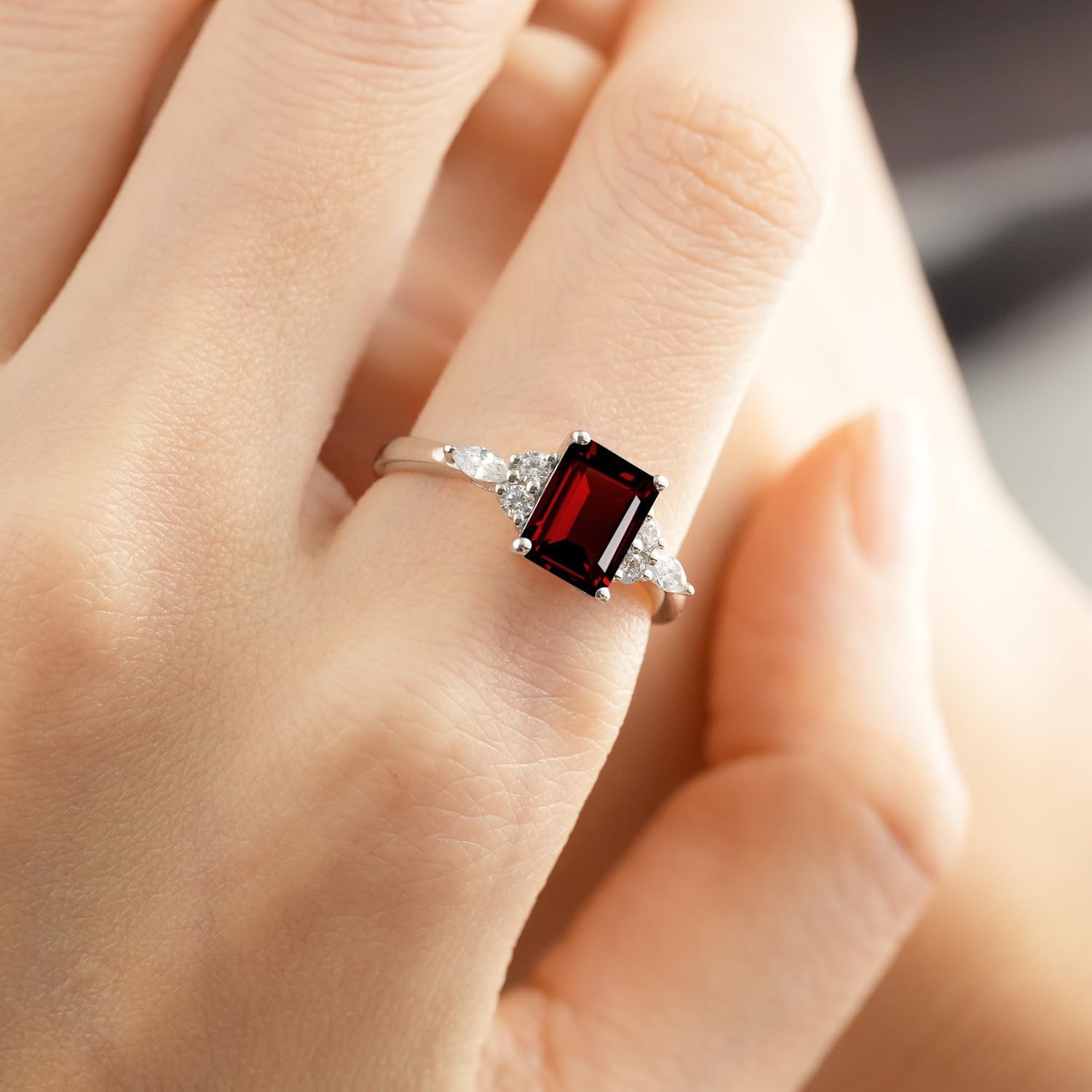 Garnet Engagement Ring for Women, 6x8mm Emerald Cut Baguette Shaped Blue December Birthstone Ring Size 3 to13, Sterling Silver Wedding Rings for Birthstone Anniversary Christmas