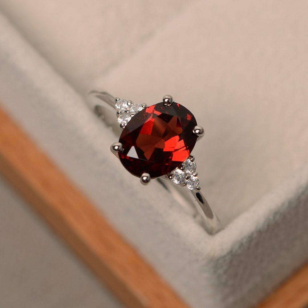 Garnet 925 Sterling Silver 9x7mm Oval Shaped Birthstone Gemstone Rings for Women, Engagement Ring Birthstone Jewelry Wedding Promise for Lady Size 3-13