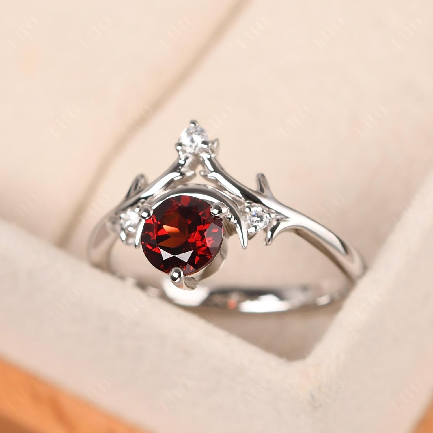 925 Sterling Silver Garnet Ring – Sun and Moon Celestial Design, 6x6mm Round Cut Vintage Crescent Promise Ring for Women, Size 3-13