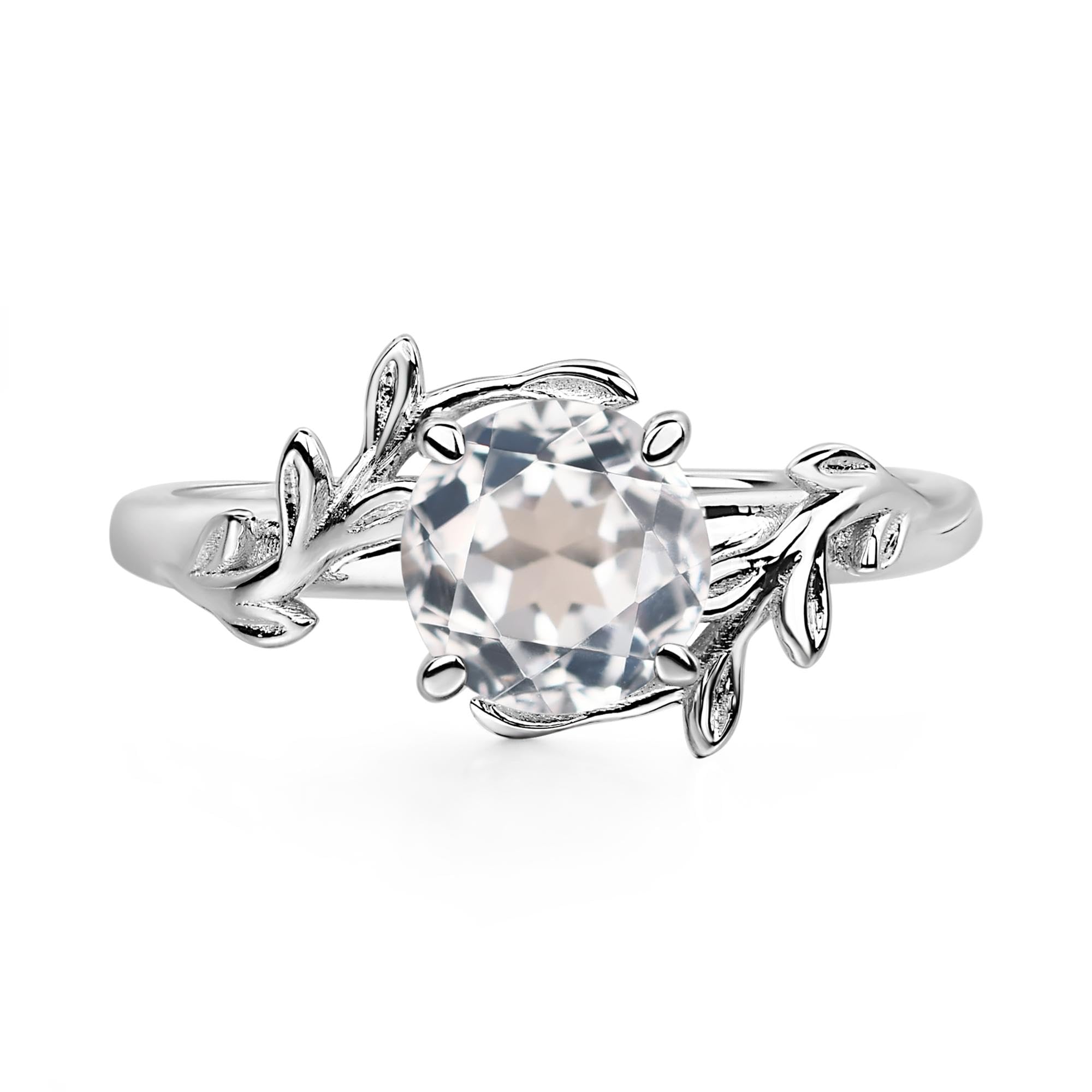 Aquamarine Ring 7MM Round 925 Sterling Silver Leaf Design Engagement Promise Ring for Women Birthday Christmas Valentine Day Jewelry Size 3-13