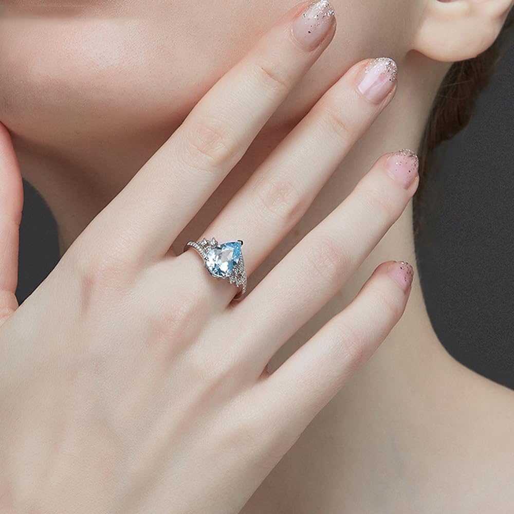 Aquamarine 2CT Pear Cut Engagement Ring 925 Sterling Silver 7x9mm Sky Blue Aquamarine and White Moissanite Ring for Women
