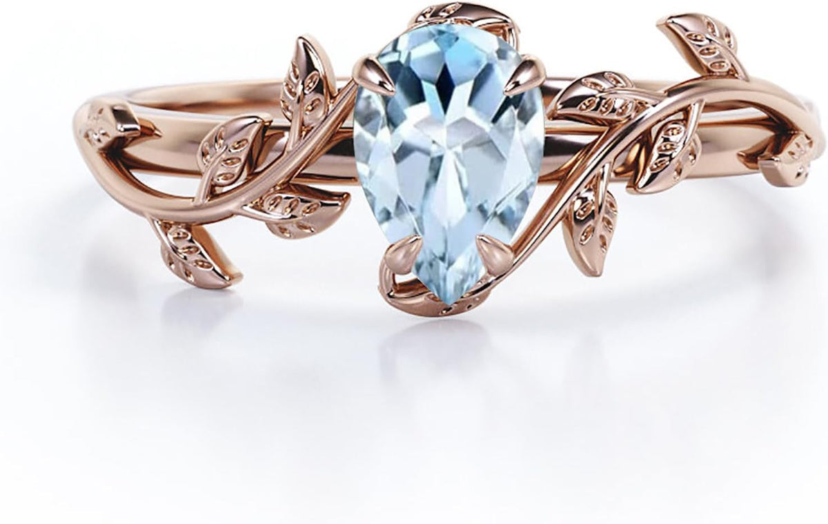 Aquamarine 2CT Pear Cut Leaf Vine Engagement Ring 925 Sterling Silver Vintage Art Deco Wedding Promise Anniversary Ring for Women Size 4-15