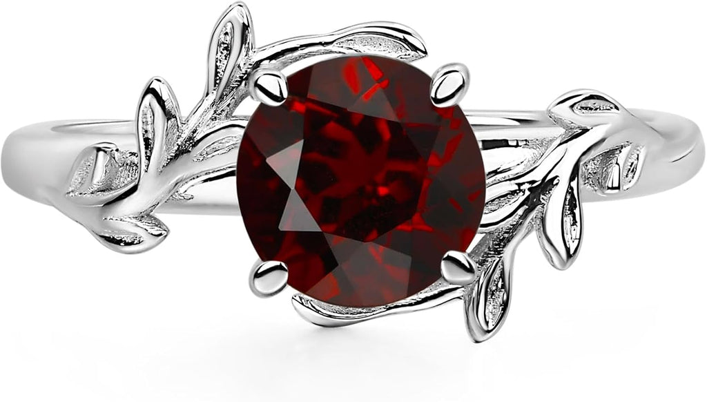 S925 Sterling Silver Garnet Rings 7MM Round Shaped Gemstone Engagement Rings with Leaf Design Promise Rings for Her Birthday Christmas Valentine's Day Jewelry Size 3-13