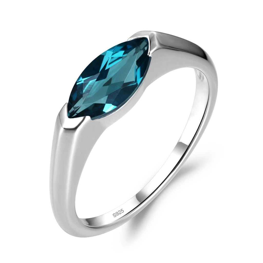 Topgemco East-West London Blue Topaz Ring – Marquise Cut Sterling Silver December Birthstone Promise Ring
