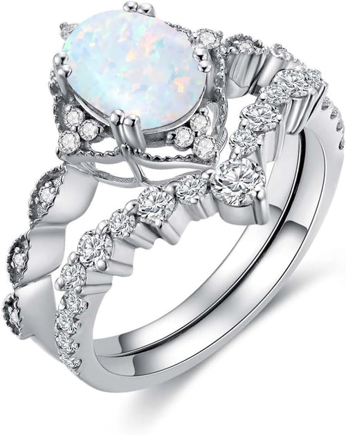 1.5ct Oval Opal Engagement Ring Set 925 Sterling Silver Vintage Band
