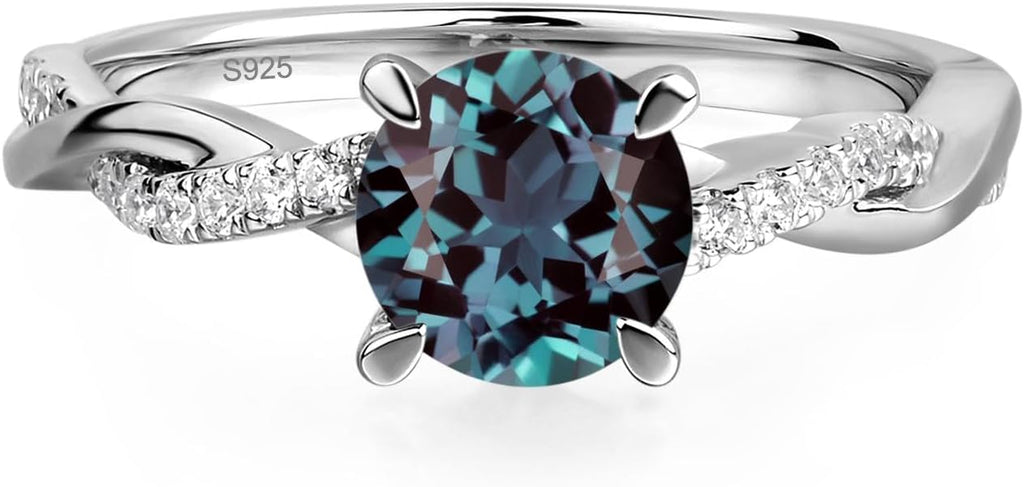 Topgemco Twisted Infinity Ring – Round-Cut Alexandrite in 925 Sterling Silver, Sizes 3–13