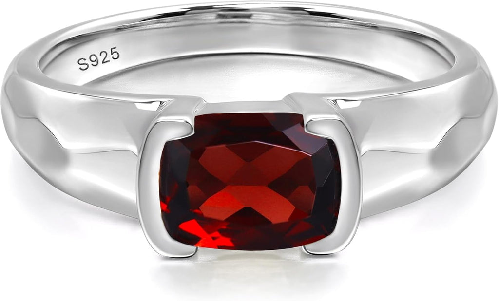 S925 Sterling Silver 8x6mm Cushion Shaped Gemstone Garnet Rings for Women, Engagement Ring Birthstone Jewelry Anniversary Promise for Lady Size 3-13