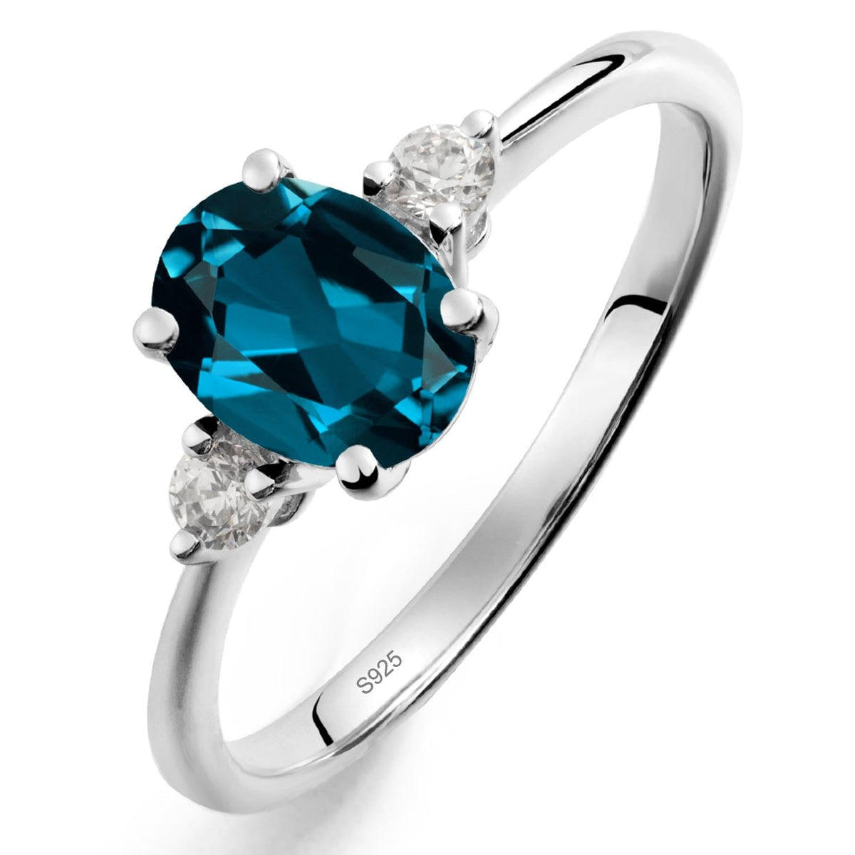 Topgemco Three-Stone London Blue Topaz Ring – Oval Cut Sterling Silver December Birthstone Engagement Ring