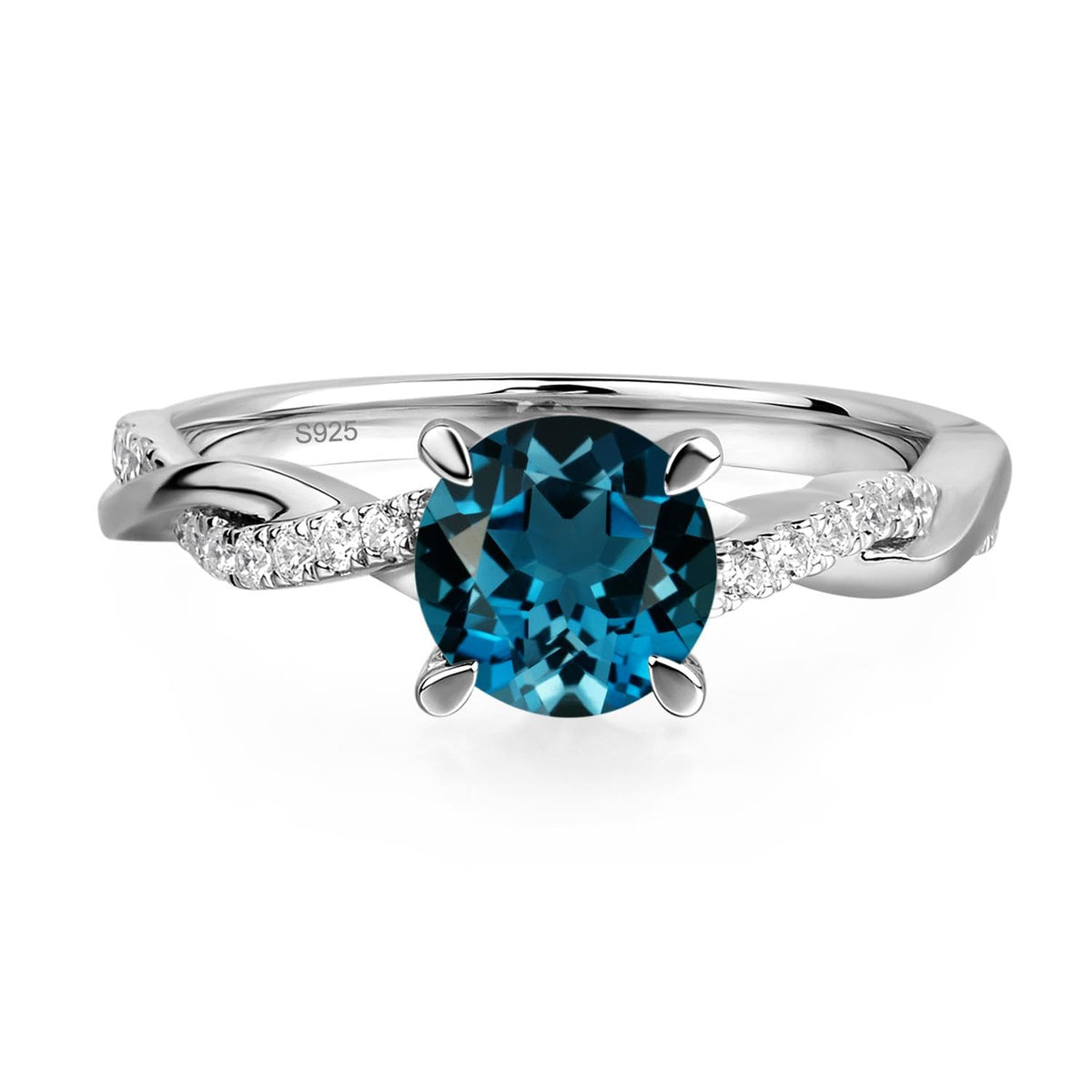 Topgemco Twisted London Blue Topaz Ring – Round Cut Sterling Silver December Birthstone Ring
