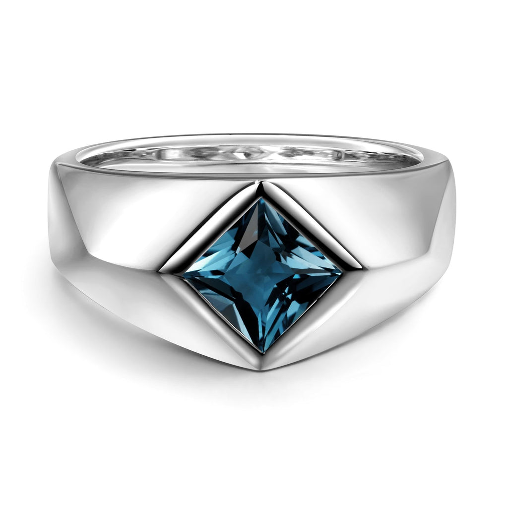 Topgemco Men's London Blue Topaz Statement Ring – Princess Cut Slanted Band, Sterling Silver or Gold, Custom Engraving