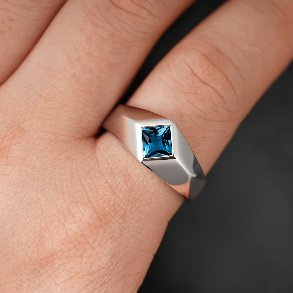 Topgemco Men's London Blue Topaz Statement Ring – Princess Cut Slanted Band, Sterling Silver or Gold, Custom Engraving