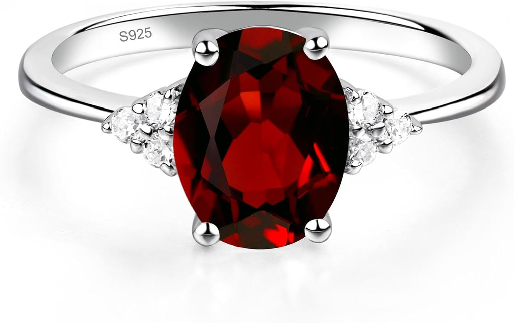 Garnet 925 Sterling Silver 9x7mm Oval Shaped Birthstone Gemstone Rings for Women, Engagement Ring Birthstone Jewelry Wedding Promise for Lady Size 3-13