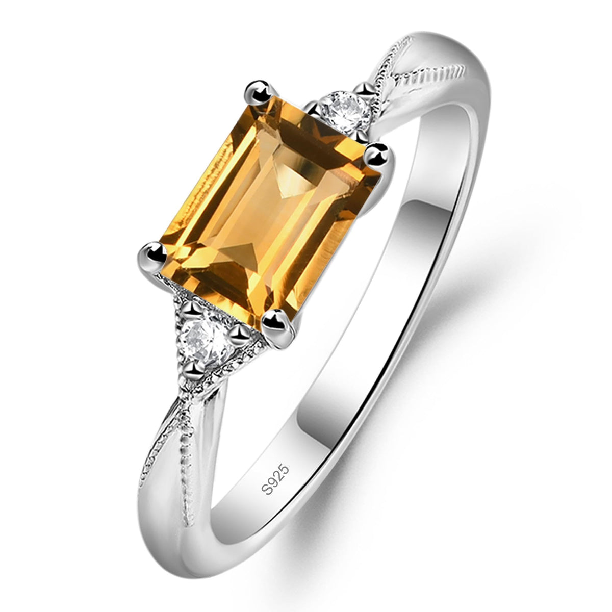 Topgemco Vintage Milgrain Citrine Ring – Emerald Cut East-West Sterling Silver Birthstone Ring