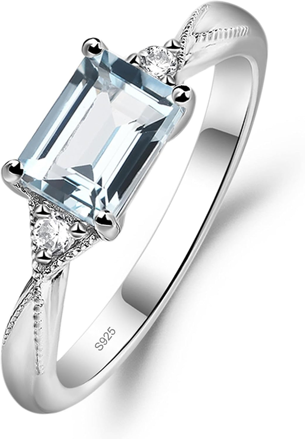 Aquamarine Emerald Cut 7x5mm East West Engagement Ring 925 Sterling Silver for Women Minimalist Solitaire Jewelry Size 3-13