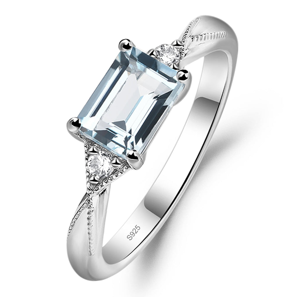 Aquamarine Emerald Cut 7x5mm East West Engagement Ring 925 Sterling Silver for Women Minimalist Solitaire Jewelry Size 3-13