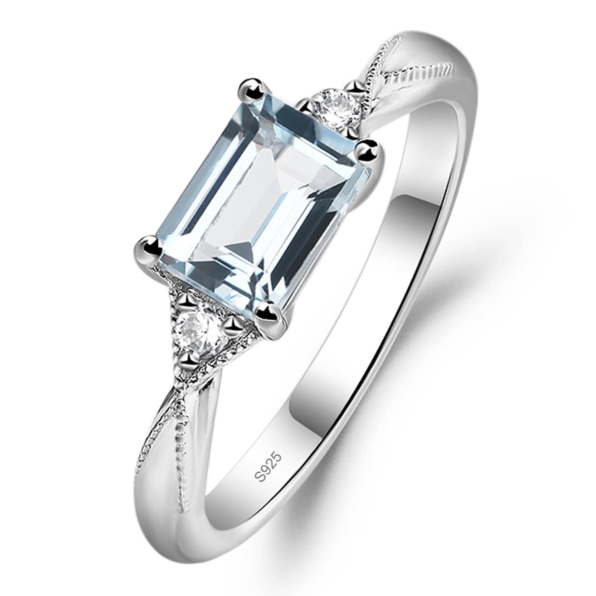 Aquamarine Emerald Cut 7x5mm East West Engagement Ring 925 Sterling Silver for Women Minimalist Solitaire Jewelry Size 3-13