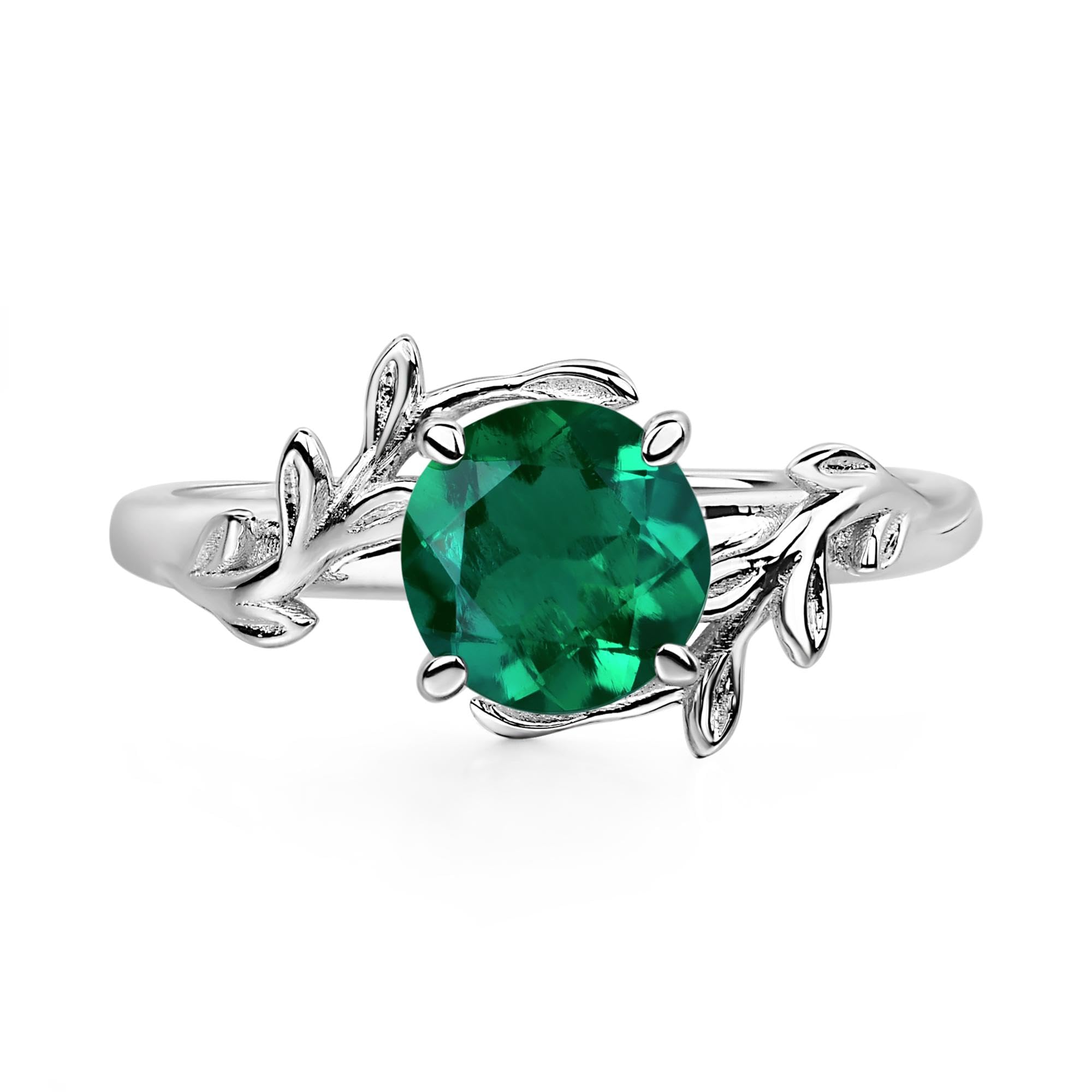 Aquamarine Ring 7MM Round 925 Sterling Silver Leaf Design Engagement Promise Ring for Women Birthday Christmas Valentine Day Jewelry Size 3-13