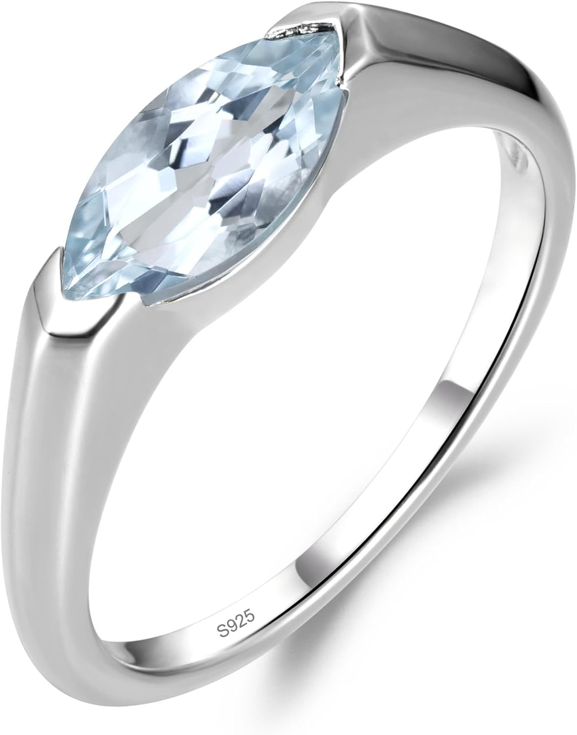 Aquamarine East West Engagement Ring 925 Sterling Silver Horizontal Marquise Cut 5x10mm Minimalist Solitaire Wedding Promise Ring for Women Size 3-13