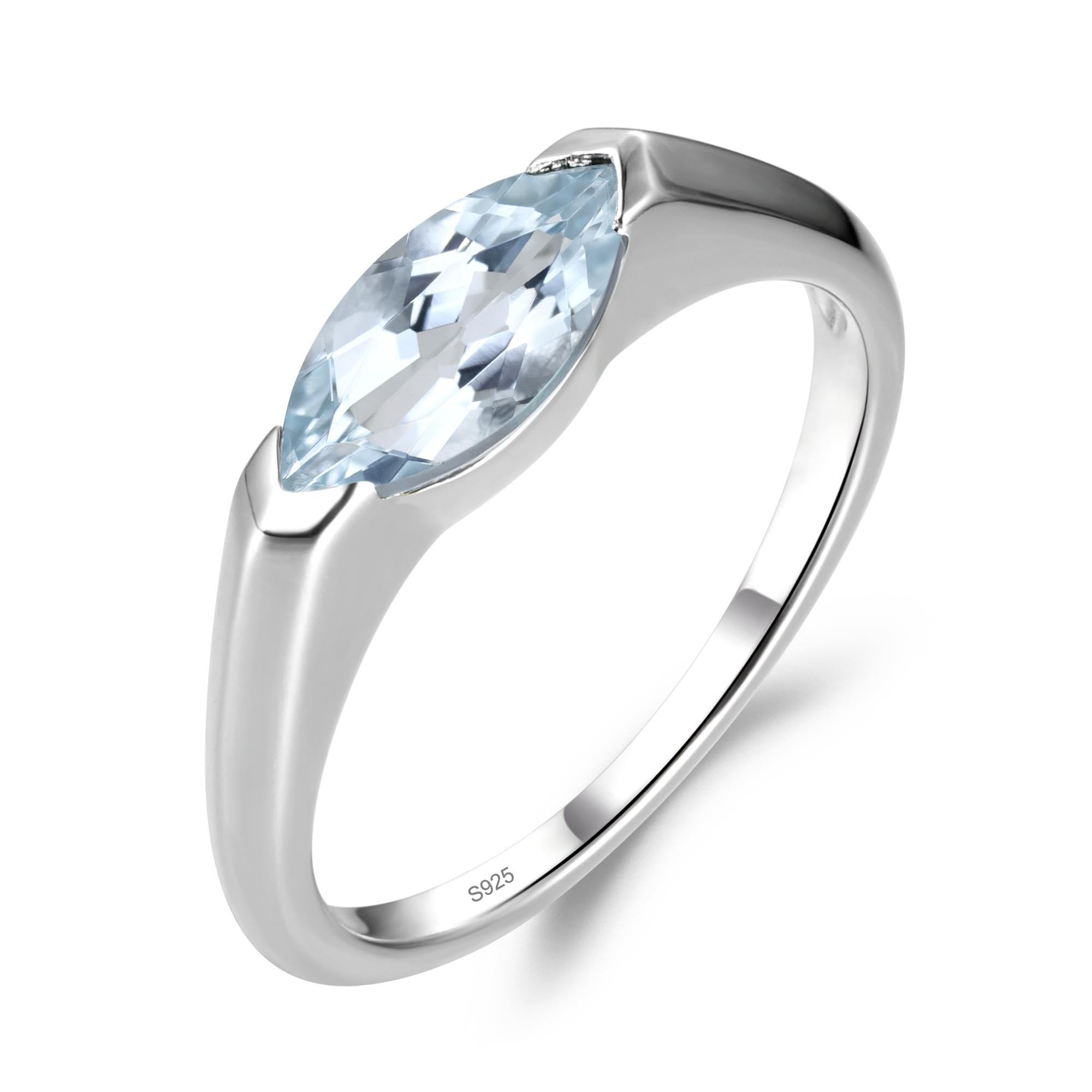 Aquamarine East West Engagement Ring 925 Sterling Silver Horizontal Marquise Cut 5x10mm Minimalist Solitaire Wedding Promise Ring for Women Size 3-13