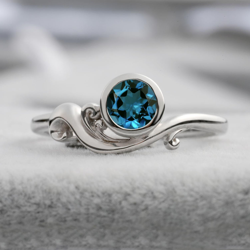 Topgemco Ocean Wave London Blue Topaz Ring – Bezel Set Round Sterling Silver December Birthstone Ring