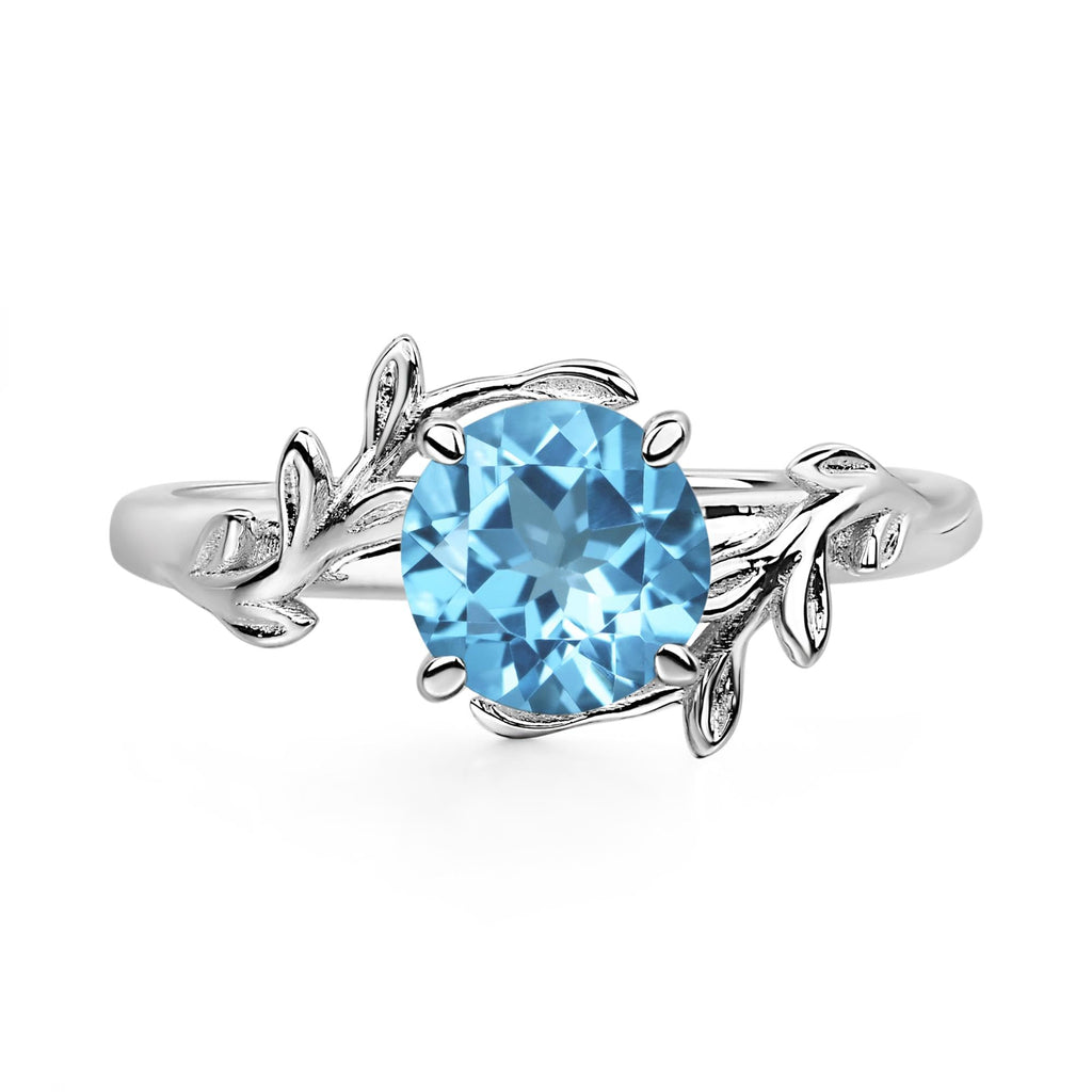 Aquamarine Ring 7MM Round 925 Sterling Silver Leaf Design Engagement Promise Ring for Women Birthday Christmas Valentine Day Jewelry Size 3-13