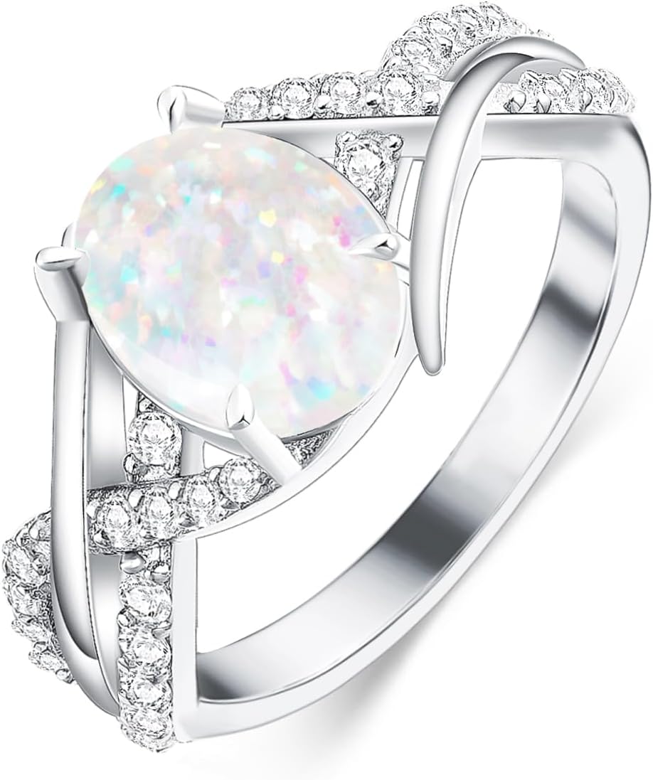 White Opal Oval Engagement Ring 925 Sterling Silver - October Birthstone