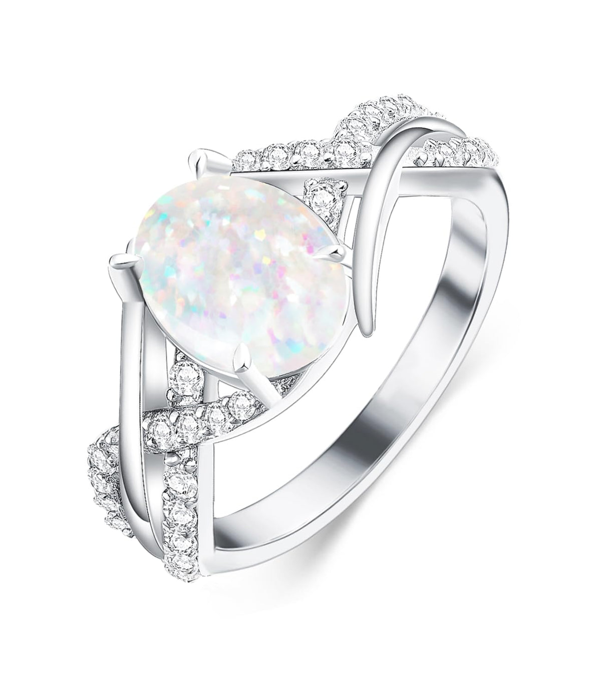 White Opal Oval Engagement Ring 925 Sterling Silver - October Birthstone