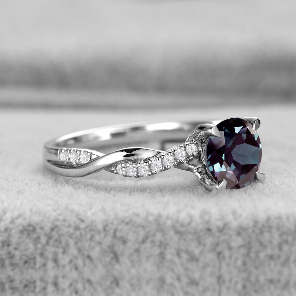 Topgemco Twisted Infinity Ring – Round-Cut Alexandrite in 925 Sterling Silver, Sizes 3–13