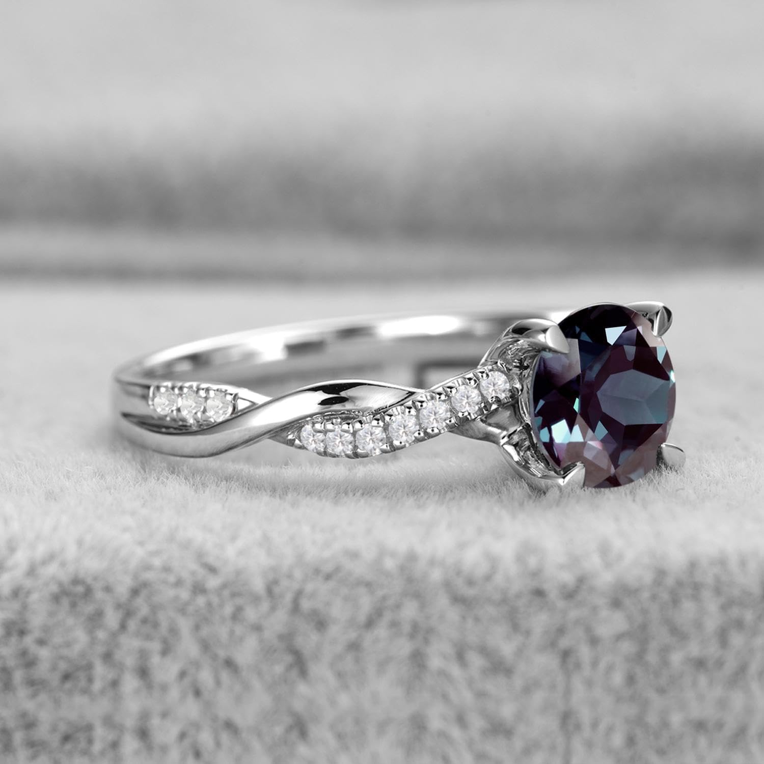 Topgemco Twisted Infinity Ring – Round-Cut Alexandrite in 925 Sterling Silver, Sizes 3–13