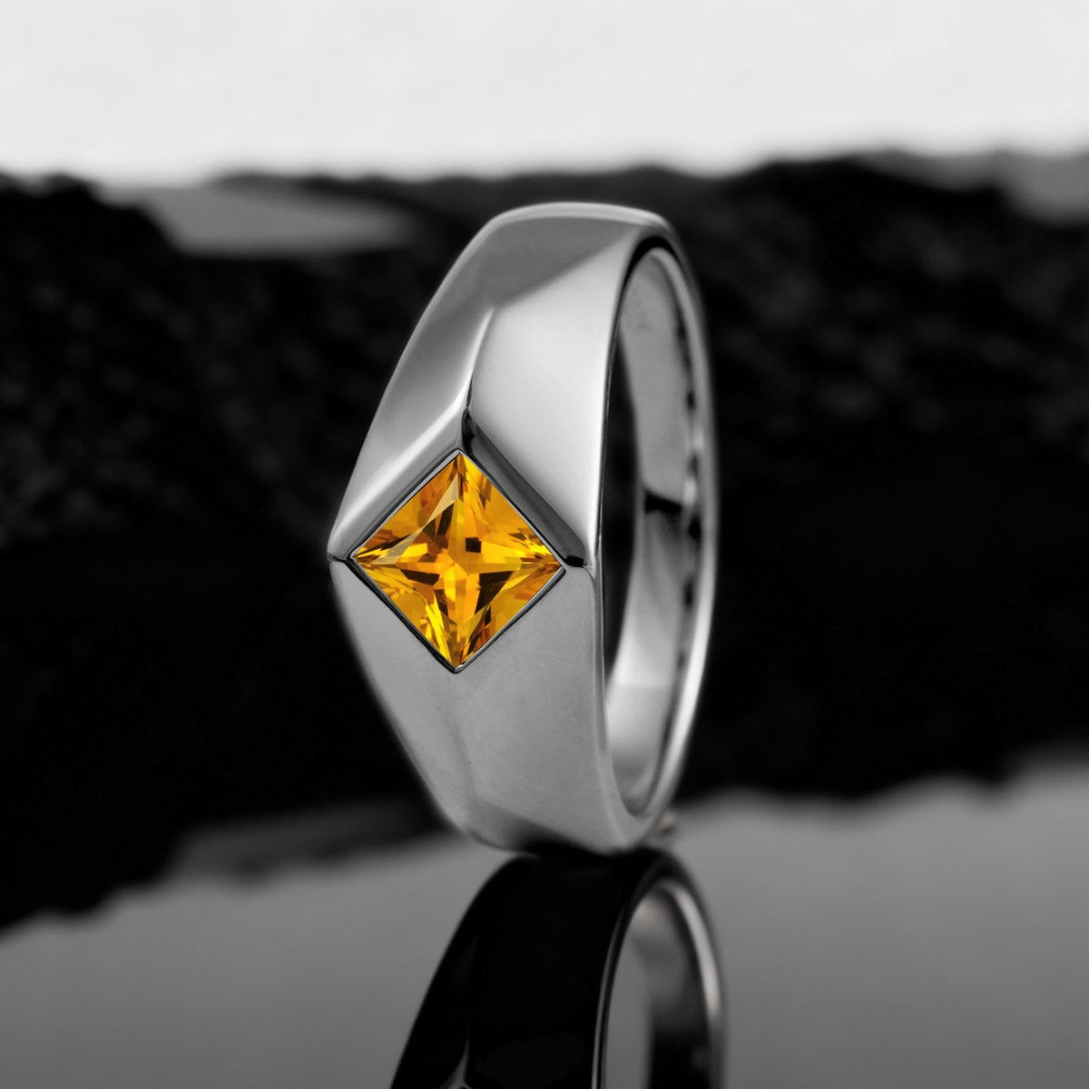 Topgemco Men's Citrine Statement Ring – Princess Cut Slanted Band, Sterling Silver or Gold, Custom Engraving